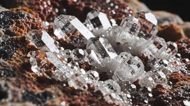 Macro view of clear quartz crystals growing on a textured mineral surface, showcasing intricate natural formations.