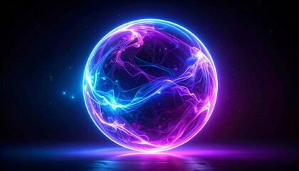 Obraz premium Vibrant abstract digital art illustration featuring a glowing futuristic energy sphere with swirling blue and purple neon light patterns against a dark background