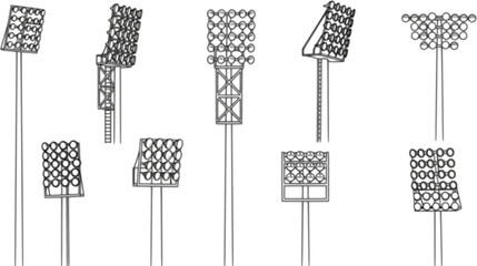 Stadium light pole silhouette set, floodlight vector illustration, sports field illumination design, outdoor arena lighting system, electricity infrastructure drawing, engineering lamp collection