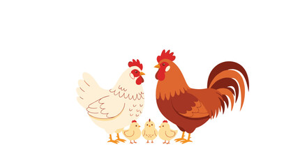 Family of farm chickens with a white hen a brown rooster and three fluffy yellow chicks gather together in a sunny yard creating a warm wholesome farm scene.