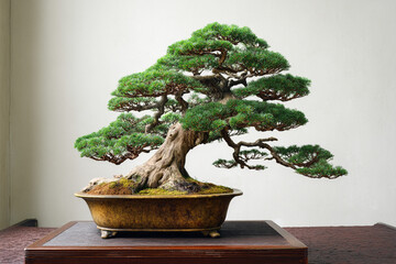A mature bonsai tree displayed on a table with its intricate branches freshly trimmed.