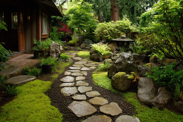 A winding stone pathway leading through a serene backyard zen garden, dotted with moss and carefully placed rocks.