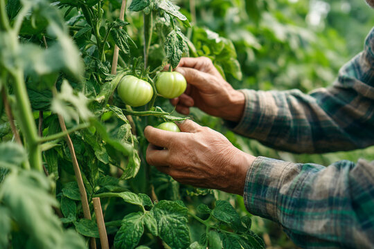 A person's hands staking a tall tomato plant, providing support for healthy growth and bountiful harvest.