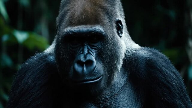 Majestic silverback gorilla in its natural habitat, intense gaze in the jungle