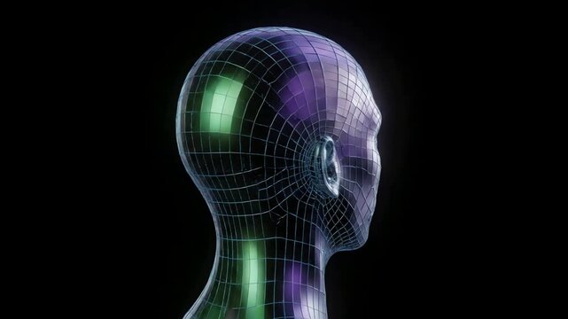 Futuristic 3D animation of a rotating metallic humanoid head with a glowing wireframe grid