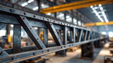 Industrial steel framework structure with bolts and beams in a large factory warehouse showcasing heavy machinery and metalwork under bright overhead lighting