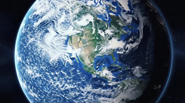 A surreal animation of an elliptical or oval-shaped Planet Earth rotating in the vastness of space, slowly zooming in on the continents.
