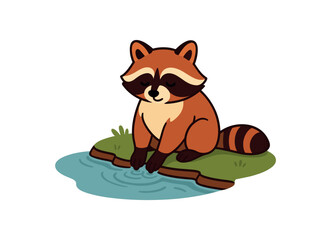 Flat vector illustration of bright raccoon sitting at riverbank dipping paws water calm pose rounded shapes clean outline clean white background