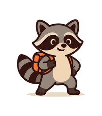 Flat vector illustration of bright raccoon carrying tiny backpack icon readyforadventure pose rounded shapes clean outline clean white background