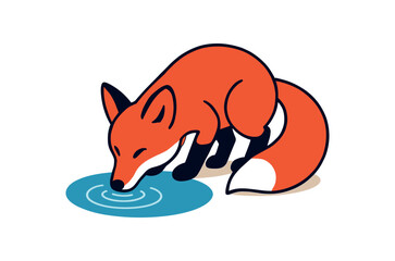 Obraz premium Flat vector illustration of bright red fox drinking from small pond head lowered rounded shapes clean outline clean white background