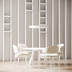 Light cloud dancer 2026 colour of the year dining room. Total white interior design - round table and chairs, minimalistic shelves. Modern room scene with accents and lamp. 3d render 