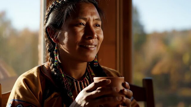 Peaceful Indigenous Woman in Traditional Attire Drinking Tea by a Sunlit Window