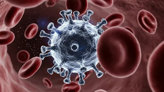 A 3D medical animation showing a microscopic view of a virus pathogen floating inside a blood vessel among red blood cells.