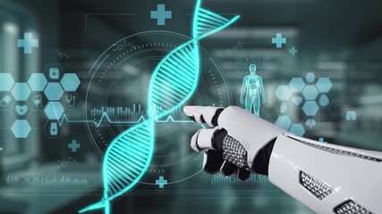Close up of robotic hand pointing and tapping at DNA hologram with blur laboratory background. Robotic hand clicking at DNA icon to access and connect medical data to diagnosis symptom. Salubrious. - Powered by Adobe