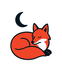 Obraz premium Flat vector illustration of bright red fox curled under crescent moon night calm pose rounded shapes clean outline clean white background