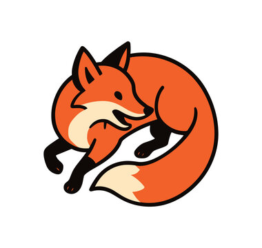 Flat vector illustration of bright red fox chasing its tail circle dynamic pose rounded shapes clean outline clean white background