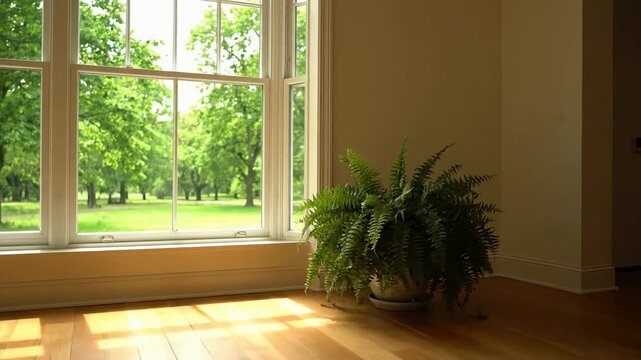 Sunlight streams through a large bay window onto a fern plant in a serene indoor setting
