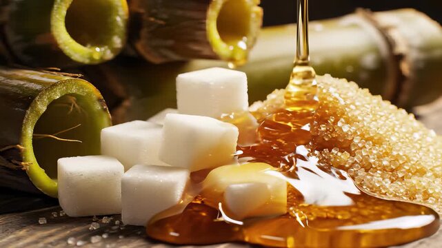 Golden Honey Poured Over Sugar Cubes on Wooden Table, Capturing Concept of Indulgence and Satisfaction, Perfect for Food Product Promotions or Highlighting Simple Pleasures in Advertising.