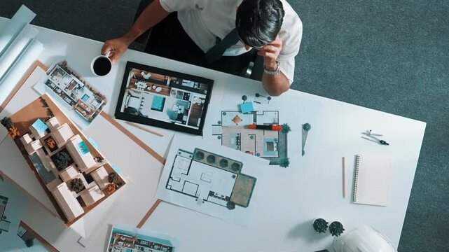 Top view of engineer drink coffee and thinking about house plan at meeting table with equipment and safety helmet scatter around. Aerial view of stressful manager looking at blueprint. Alimentation.