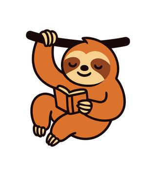 Flat vector illustration of bright sloth holding small book icon while hanging quiet reading pose rounded shapes clean outline clean white background