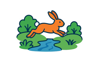 Flat vector illustration of bright rabbit leaping across stream rounded shapes clean outline clean white background