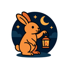 Flat vector illustration of bright rabbit holding small lantern night scene rounded shapes clean outline clean white background