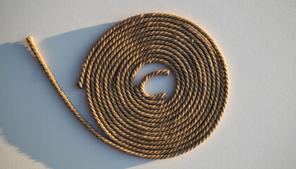 Neatly coiled natural rope lying on a clean studio surface, top-down view.