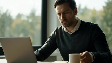 Focused man working on laptop and drinking coffee in modern office setting with nature view