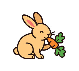 Obraz premium Flat vector illustration of bright rabbit nibbling carrot top rounded shapes clean outline clean white background