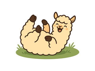 Flat vector illustration of bright alpaca rolling playfully on soft grass joyful pose rounded shapes clean outline clean white background