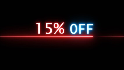 Business 15% off illustration. Neon discounts offer number. Business promotions and special percentage offers.