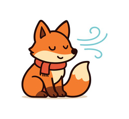 Obraz premium Flat vector illustration of bright fox wearing tiny scarf cold breeze cozy cute pose rounded shapes clean outline clean white background