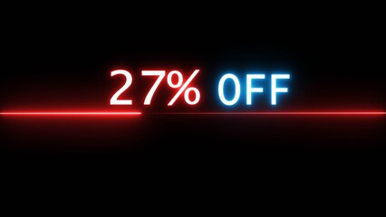 Business 27% off illustration. Neon discounts offer number. Business promotions and special percentage offers.
