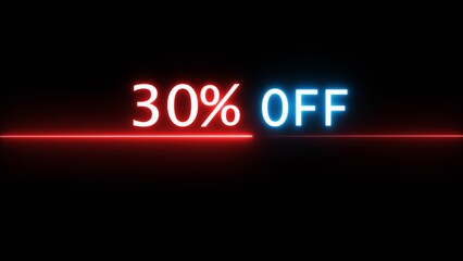 Business 30% off illustration. Neon discounts offer number. Business promotions and special percentage offers.