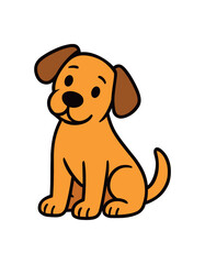 Flat vector illustration of bright dog sitting with tilted head curious pose rounded shapes clean outline clean white background