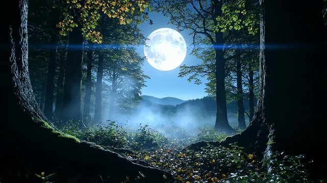 Magical night forest scene with a giant surreal moon illuminating a misty mountain valley