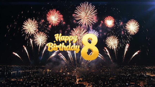Happy 8th Birthday Celebration with Spectacular Fireworks Over a Night Cityscape