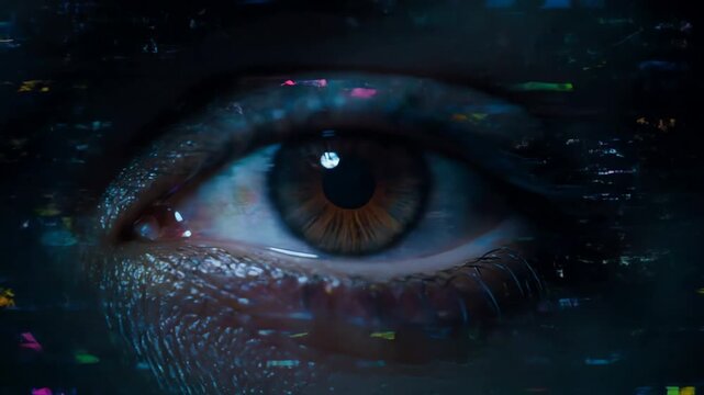 Close up of human eye opening with digital glitch effects and futuristic data stream overlay