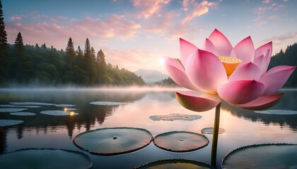 peaceful pond at dawn with pink lotus flower