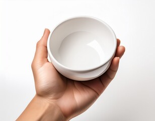 hand holding a mockup empty white ceramic bowl isolated on a white background