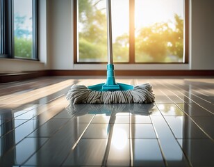 a mop cleaning a shiny tiled floor in a bright room with large windows natural light illuminates the space creating a clean and fresh atmosphere