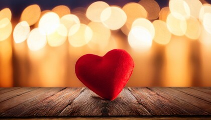 a red heart on a rustic wooden surface with a blurred background of warm lights