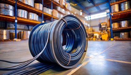 a close up view of a coiled electrical cable on a concrete floor in an industrial warehouse the background shows machinery and storage racks