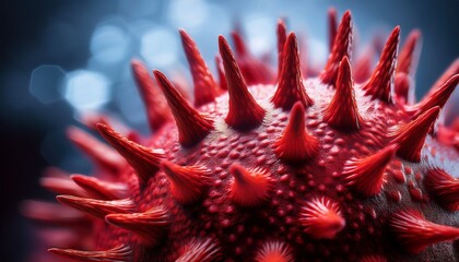 close up of a red virus structure with spikes the image illustrates the concept of infectious diseases and microbiology