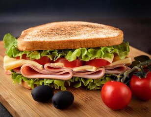 a fresh sandwich on a wooden board the sandwich contains layers of ham cheese lettuce and tomatoes accompanied by olives and cherry tomatoes