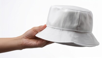 hand holding a white bucket hat isolated on a white background