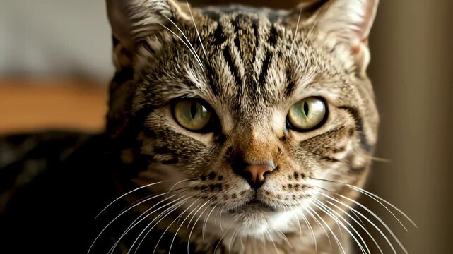Close up portrait of a domestic tabby cat's intense green eyes and patterned face