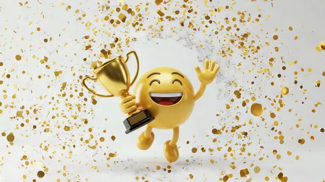 Triumphant celebration with emoji character holding golden trophy and confetti falling