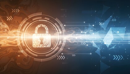 Digital Fortress: A conceptual digital artwork showcases a glowing padlock icon at the center, symbolizing robust online security, data protection and safeguarding against cyber threats.