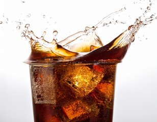 splashing soda liquid frozen in time on white background